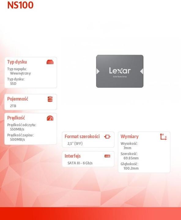 Produktbild Lexar SSD NS100 2000 GB, SSD-Formfaktor 2,5, SSD-Schnittstelle SATA III, Lesegeschwindigkeit 550 MB/s (2000 GB, 2.5")