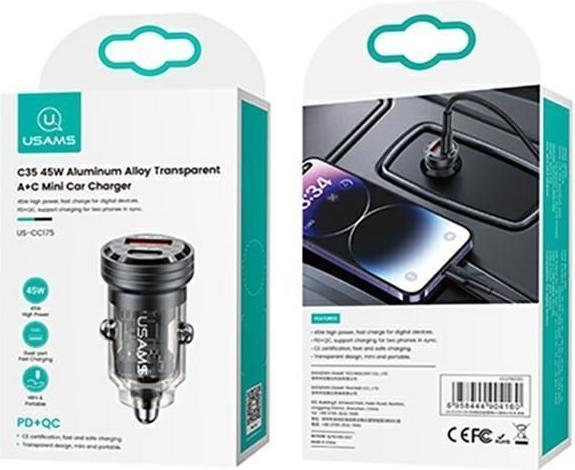 Produktbild Usams Ład. sam. C35 USB+USB-C 45W Fast Charge czarny/black CC175CC01 (US-CC175)