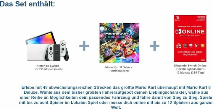 Immagine prodotto Nintendo Switch modello OLED (bianco) - Mario Kart 8 Deluxe + abbonamento a Switch Online (12 mesi)