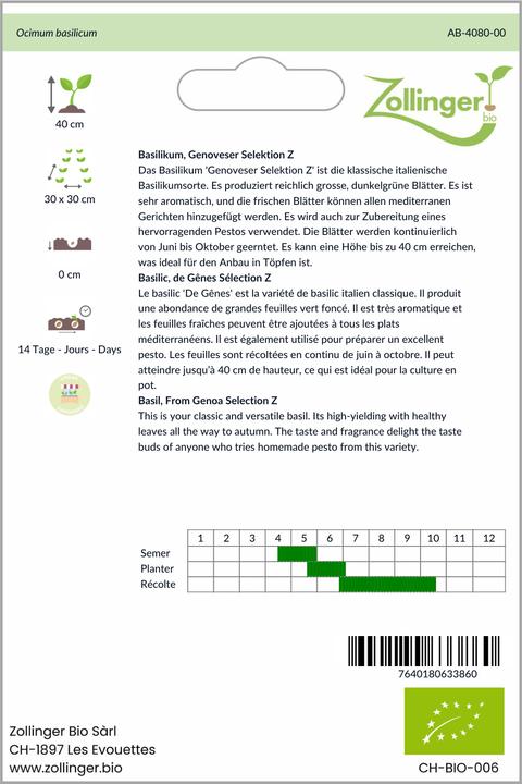 Image du produit Zollinger Bio Basilikum, Genoveser Selektion Z (grossblättrig) (Graines de plantes)