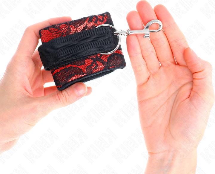 Actual product image Kink Short Wrist Cuffs Made Of Velvet Lace And Nylon Cuffs Red/Black 23 X 6.5 cm