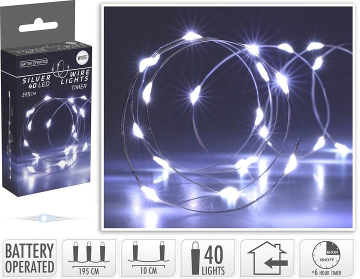 Koopman LED-Lichterkette kaltweiss, Batteriebetrieben, 40 LEDs, Silberdraht, Innen, 1,95m (1.95 m)