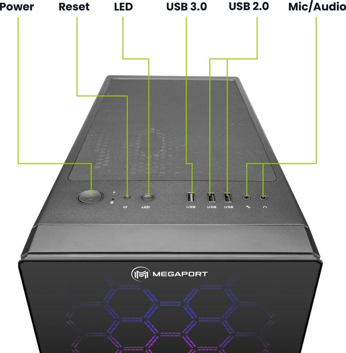 Produktbild Megaport Gaming PC AMD Ryzen 5 5600X • GeForce RTX3060Ti • 83-DE (AMD Ryzen 5 5600X, 16 GB, 1000 GB, GeForce RTX 3060 Ti)