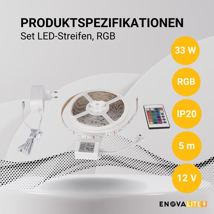 Actual product image Enovalite Set of LED strips, RGB, including remote control and power supply unit (RGB, 500 cm, Indoor)