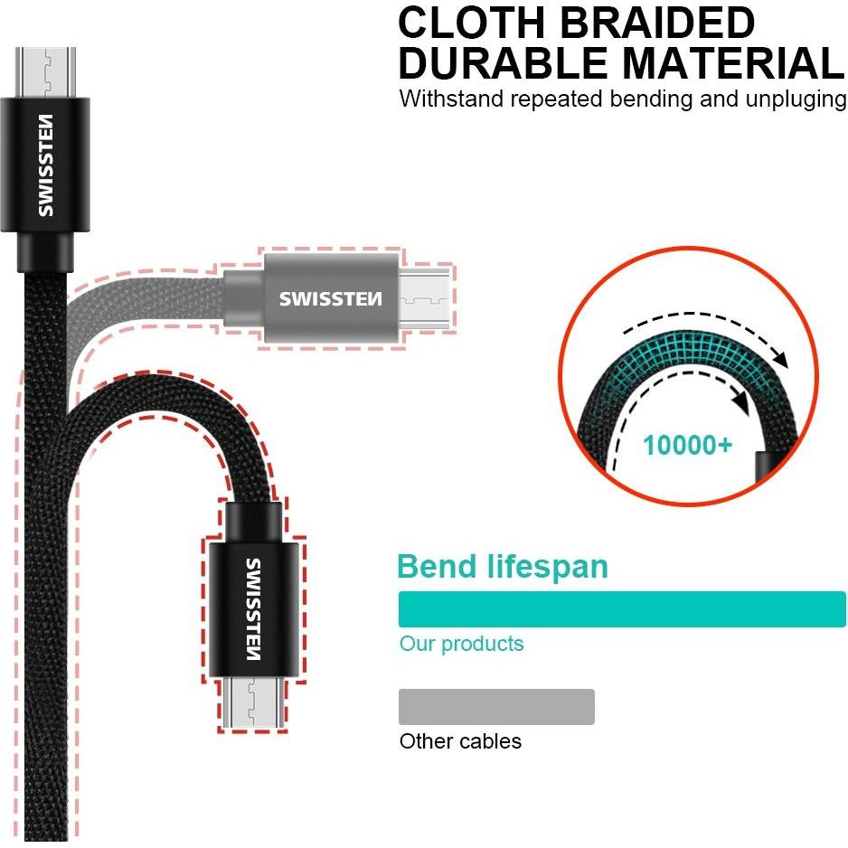 Thumbnail - Swissten Datenkabel Textil USB / Micro-USB 2.0 M (2 m), USB Kabel