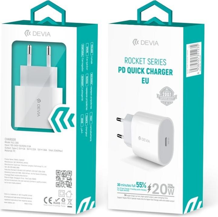 Image du produit Devia chargeur mural Rocket PD 20W 1x USB-C blanc (20 W, 1 portion)