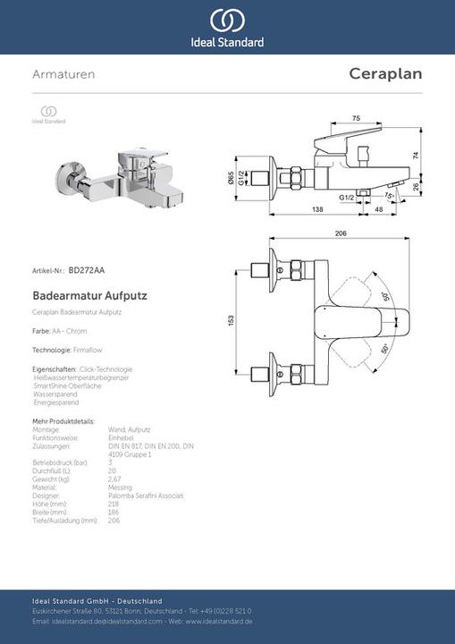 Actual product image Ideal Standard Bath mixer AP Ceraplan Swiss design 1855x206x218mm