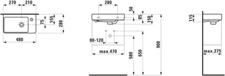 Actual product image Laufen Hand-rinse basin Pro S compact 48 x 28 cm white H8159540001041 (280 mm, 480 mm)