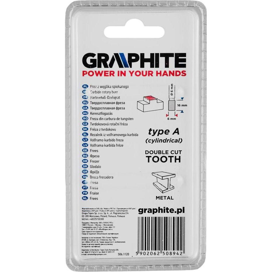 Thumbnail - Graphite, Fräser, HM A TYPE METAL MILL (CYLINDER) 6 X 16 MM BOTTOM 6 X 45 MM 55H350