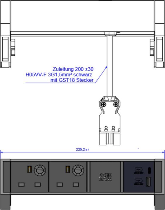 Actual product image Bachmann DESK2 2xUK 1xUSB A/C 22W 0.2m GST18 RAL9010 (2 x, BS 1363, 0.20 m)