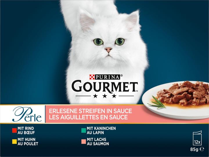 Produktbild Gourmet Erlesene Streifen in Sauce (Rind, Huhn, Kaninchen & Lachs) (Adult, 12 Stk., 1160 g)