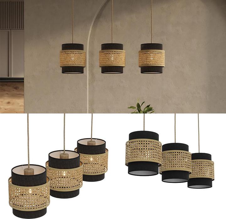 Actual product image Vicco 3-piece pendant light Morten, Rattan/black, 70 x 120 cm (E27)