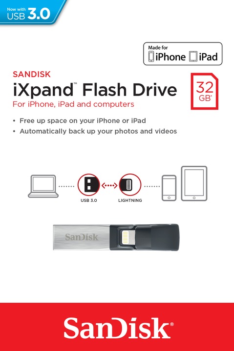 Actual product image SanDisk iXpand Flash Drive 32GB (32 GB, USB-A, Lightning, USB 3.0)