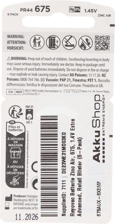 Image du produit Rayovac Zinc Air (6 pcs, 675, PR44, 640 mAh)