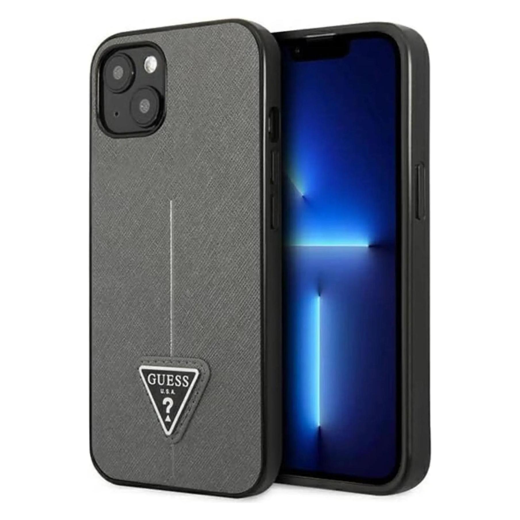 Guess GUHCP13SPSATLG IPhone 13 Mini 5, 4" Srebrny/silver Hardcase SaffianoTriangle Logo (Apple IPhone 13 Mini), Smartphone Hülle, Silber