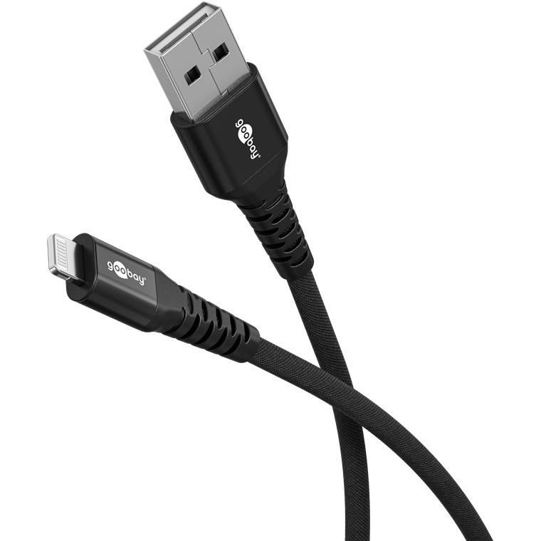Goobay Lightning USB-A Supersoftes Textilkabel mit Metallsteckern, 0,5 m, schwarz (0.50 m, USB 2.0), USB Kabel