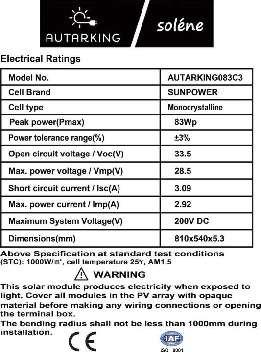Nährwerte und Zutaten Autarking - Soléne Solarmodul 83W ETFE (83 W)