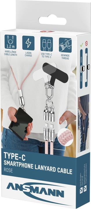 Produktbild Ansmann Lanyard Kabel USB Typ-C zu USB Typ-C 120cm / rose (1.20 m, 60 W)