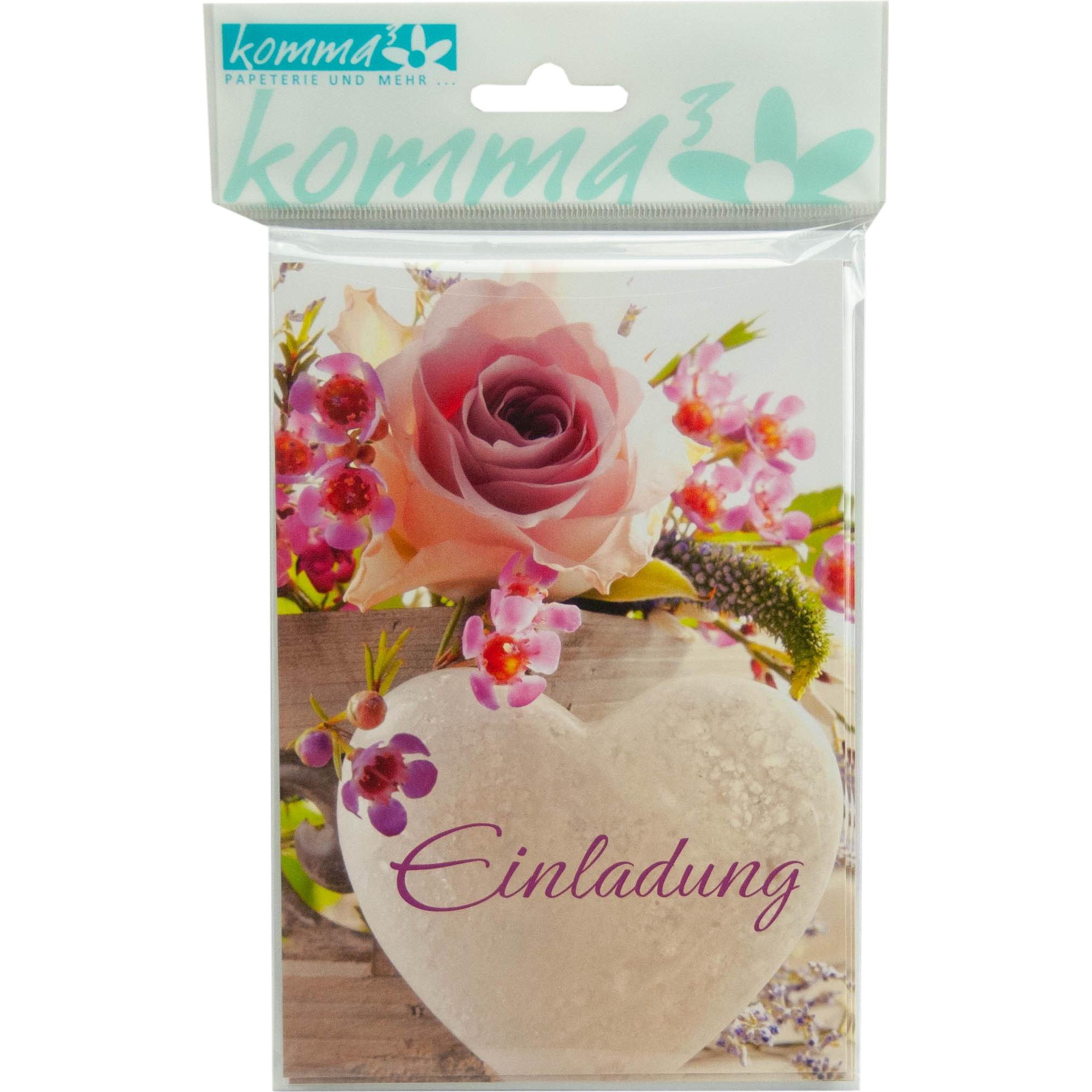 Komma³, Grusskarte + Briefpapier, Einladungskarte Allgemein "Herz und Rosen" 5er Beutel (5 Stk.)