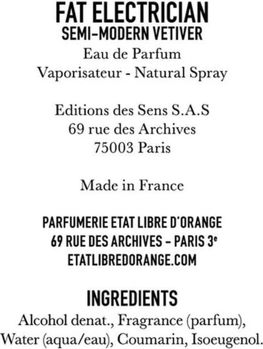Nutritional values and ingredients Etat Libre D'Orange Fat Electrician by Etat Libre D?orange Eau de Parfum Spray 50 ml (Eau de parfum, 50 ml)