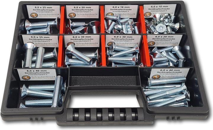 Produktbild Schraubenbox24 Senkkopfschrauben Sortiment M6-M8 // 10mm-40mm 105 tlg. Schraubenbox (105 Schrauben pro Stück)