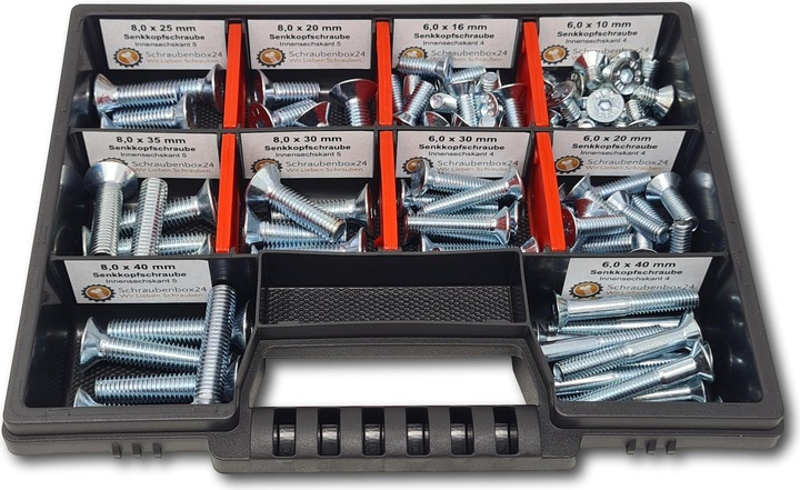 Actual product image Schraubenbox24 Countersunk screws assortment M6-M8 // 10mm-40mm 105 pcs. Screw box (105 Screws per piece)