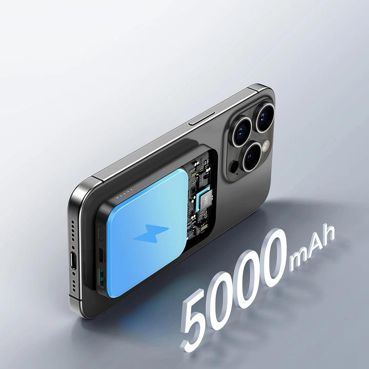 Actual product image Joyroom Powerbank JR-W020 Mini 5000mAh USB-A USB-C inductive 20W - black + USB-C / USB-C cable (5000 mAh, 20 W, 18.50 Wh)