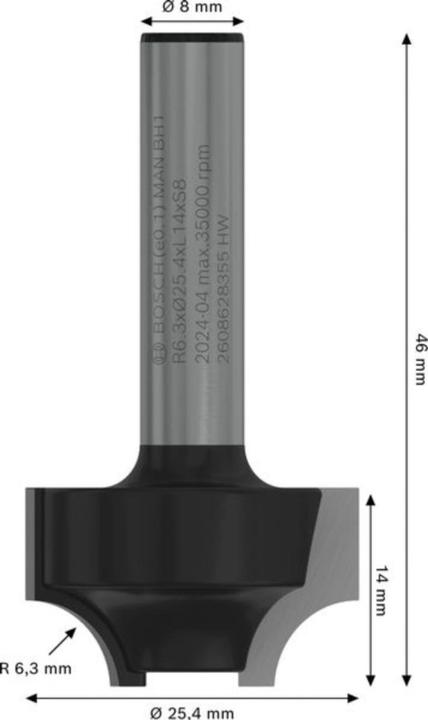 Produktbild Bosch Professional Zubehör Kantenformfräser E, 8 mm, R1 6,3 mm, D 25,4 mm, L 14 mm, G 46 mm