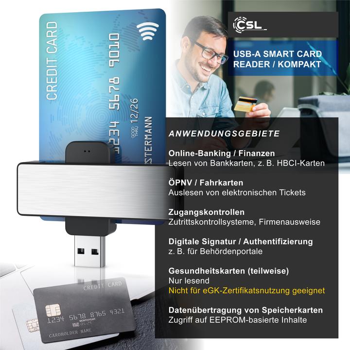 Produktbild CSL Chipkartenleser und Schreiber, USB Typ A Smart Card Reader, ISO 7816, MacOS, Win 10–11, Android (USB-C)