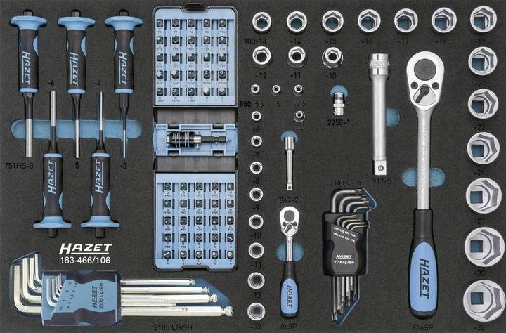 HAZET Werkzeug Satz 163-466/106 ∙ Vierkant6,3 mm (1/4 Zoll), Vierkant12,5 mm (1/2 Zoll), Sechskant6… (106 x)
