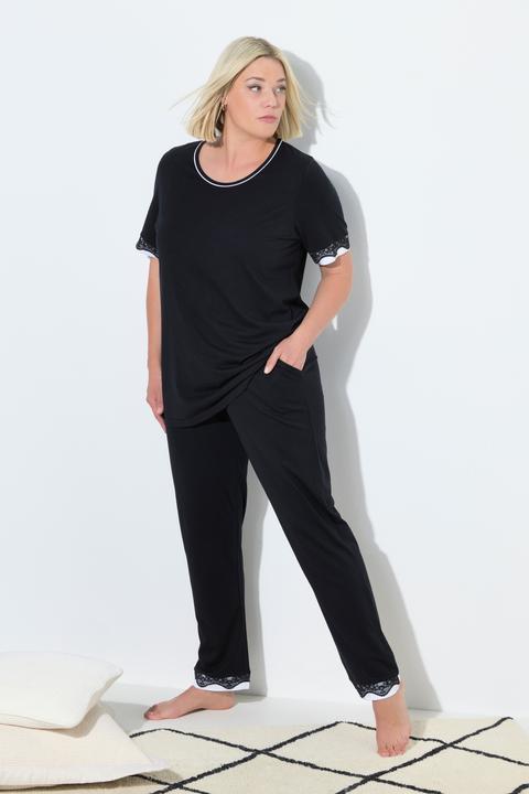 Image du produit Ulla Popken Pyjama à manches courtes, col rond et poches, ourlet en dentelle (50, 52)