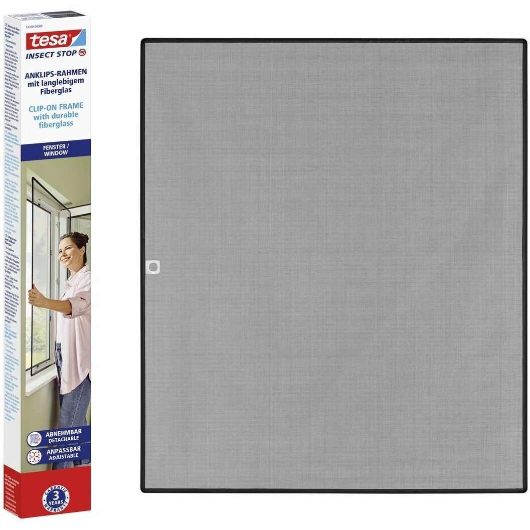 tesa, Fliegengitter, CLIP-ON Insektenschutz mit Anklipsrahmen für Fenster, zuschneidbarer Rahmen, ohne Bohren (100 x 120...