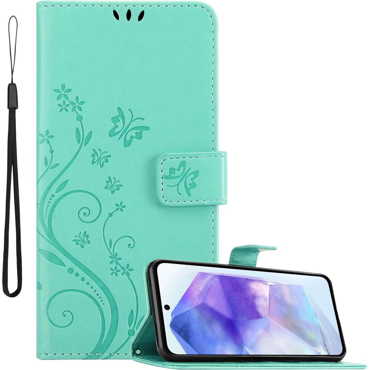 Cadorabo Hülle für Samsung Galaxy A55 mit Blumen Muster (Samsung Galaxy A55), Smartphone Hülle, Türkis