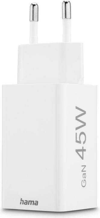 Actual product image Hama Fast charger, GaN, 1x USB-C PD, 2x USB-A QC, mini charger, 45 W, white (45 W, 3 ports)
