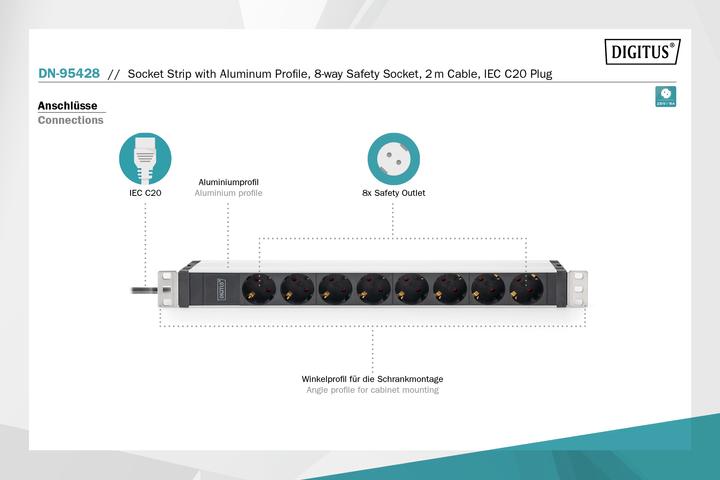 Actual product image Digitus Socket Strip with Aluminum Profile, 8-way safety socket, 2 m cable, IEC C20 plug