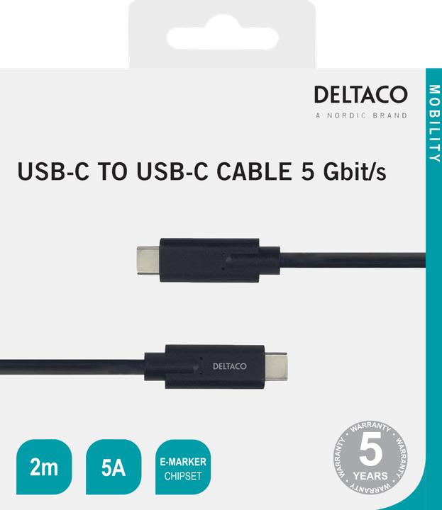Produktbild Deltaco USB-C - USB-C kabelis, 5Gbit (2 m, USB 3.2 Gen 1)