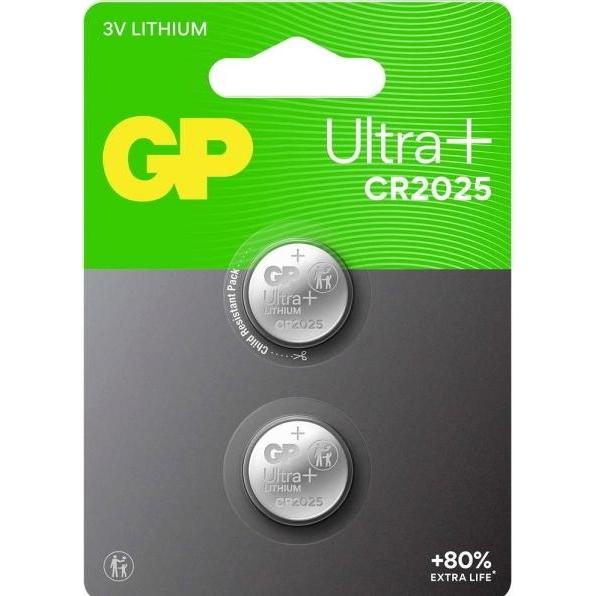 GP Batteries GP Ultra Plus Lithium Cell Battery CR2025, 3V, 2-pack (2 pz., CR2025, 160 mAh), Batterie + pile