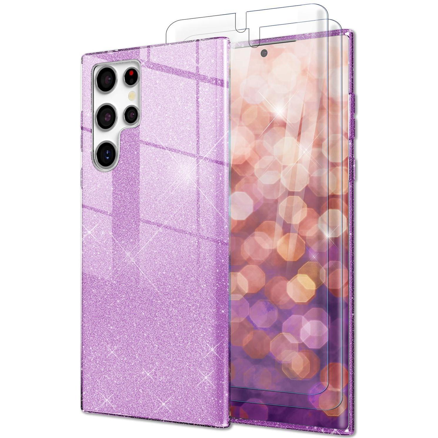 Nalia Glitzer Silikon Hülle mit 2x Displayschutz (Samsung Galaxy S23 Ultra), Smartphone Hülle, Violett