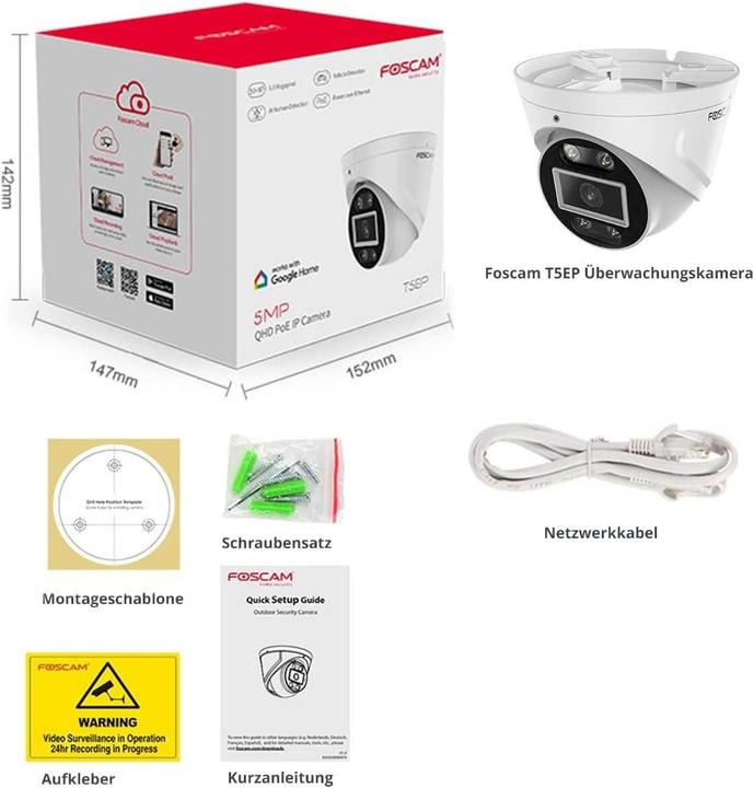 Actual product image Foscam T5EP Surveillance Camera White 5MP (3072x1728), PoE, Integrated Spotlight and Siren (3072 x 1728 pixels)