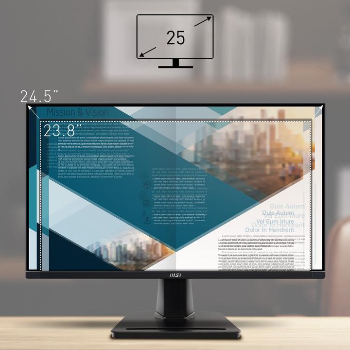 Immagine prodotto MSI monitor PRO MP251, 24,5"/1920 x 1080 FHD/IPS/100Hz/1ms/1300:1/300cd / m2 /2xHDMI/D-Sub (1920 x 1080 pixel, 24.50")