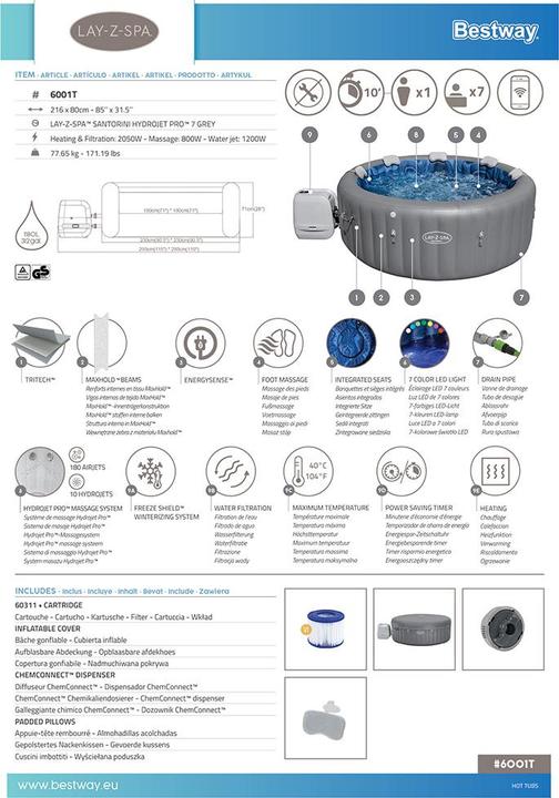 Actual product image Bestway LAY-Z-SPA Santorini Energieeffizienter s marter aufblasbarer Whirlpool 5–7 Pers. (7 Persons)