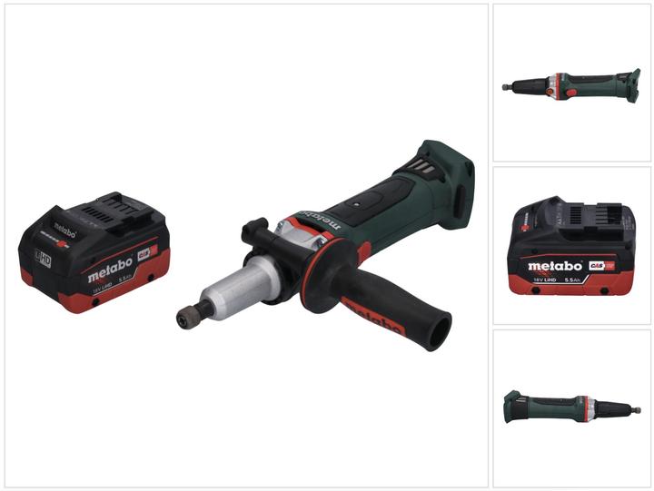 1x Metabo GA 18 LTX G Akku Geradschleifer, 1x Spannzange 6 mm, 1x Zusatzhandgriff, 1x Staubschutzfilter, 1x Metabo LiHD Akkupack 18 V 5,5 Ah Akku (625368000)