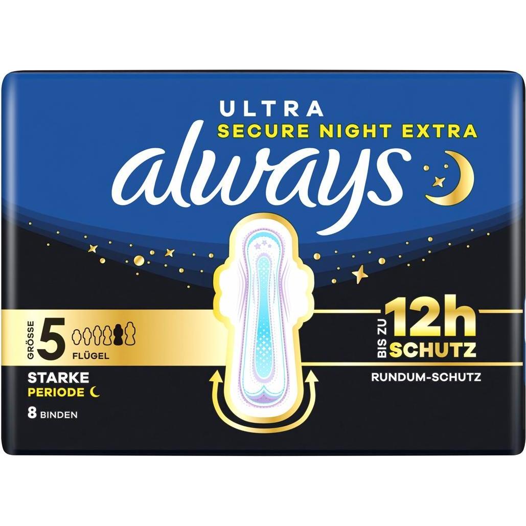 Always, Assorbenti, Ultra Binde - Grösse 5 - Secure Night Extra mit Flügeln 8 Damenbinde 8 Stück (8x)
