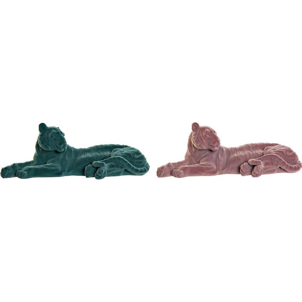 DKD Home Decor, Deko Objekt, Deko-Figur 36 x 17,5 x 13,3 cm Tiger grün Harz Hellrosa Beflockt