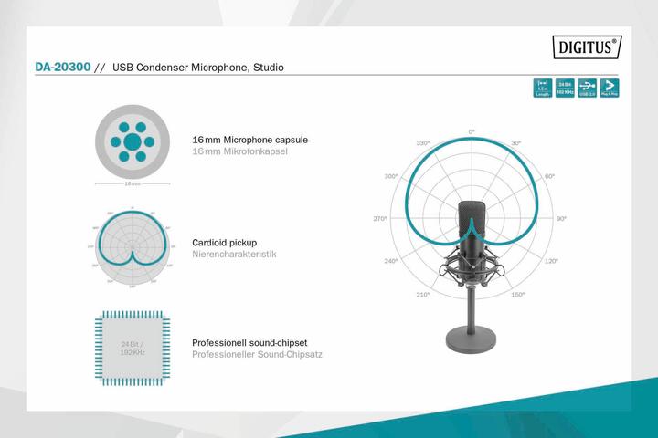 Produktbild Digitus Kondensatormikrofon USB 1.5m 192kHz/24Bit