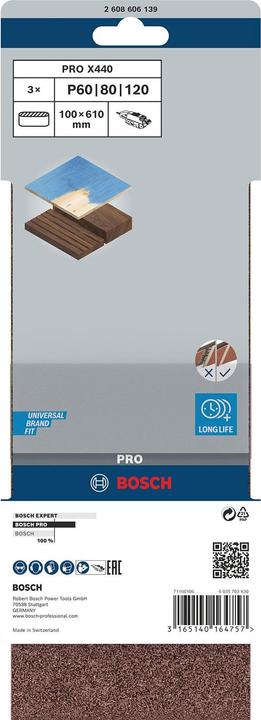 Image du produit Bosch Professional Zubehör PRO X440 bande abrasive, 100 x 610 mm, G60, G80, G100, 3 pcs. (60, 80, 100)