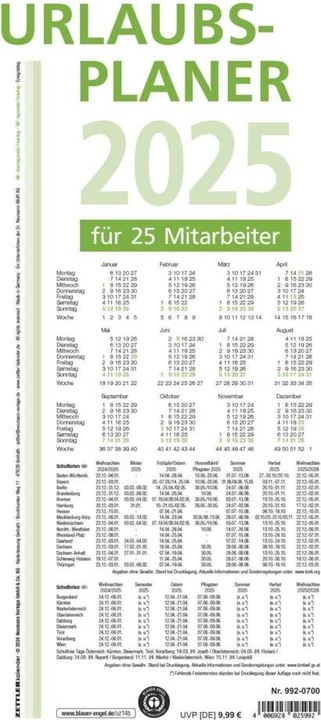 Valeurs nutritives et ingrédients Planificateur de vacances 2025 blanc, 100x42cm, Planificateur mural avec 16 mois sur 1 page, pour 25 (Couverture rigide, Allemand)