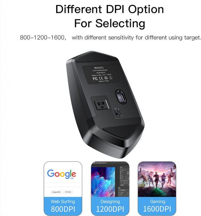 Actual product image Yesido - Wireless Mouse (KB16) - 2.4G Connection, 1600DPI, Low Noise - Black (Wireless)