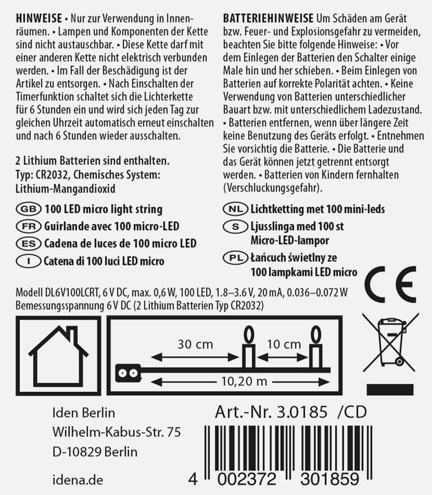 Produktbild Idena Micro Lichterkette 100LED,warmweiss,6h-Timer (10.20 m)