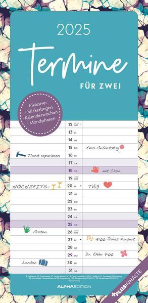 Produktbild Alpha Edition Termine für 2 Colour 2025 Familienplaner, 22x45cm, Familienkalender mit 2 Spalten